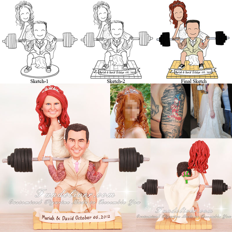 Groom Doing Squat Bride Sitting on Barbell Powerlifting Cake Toppers
